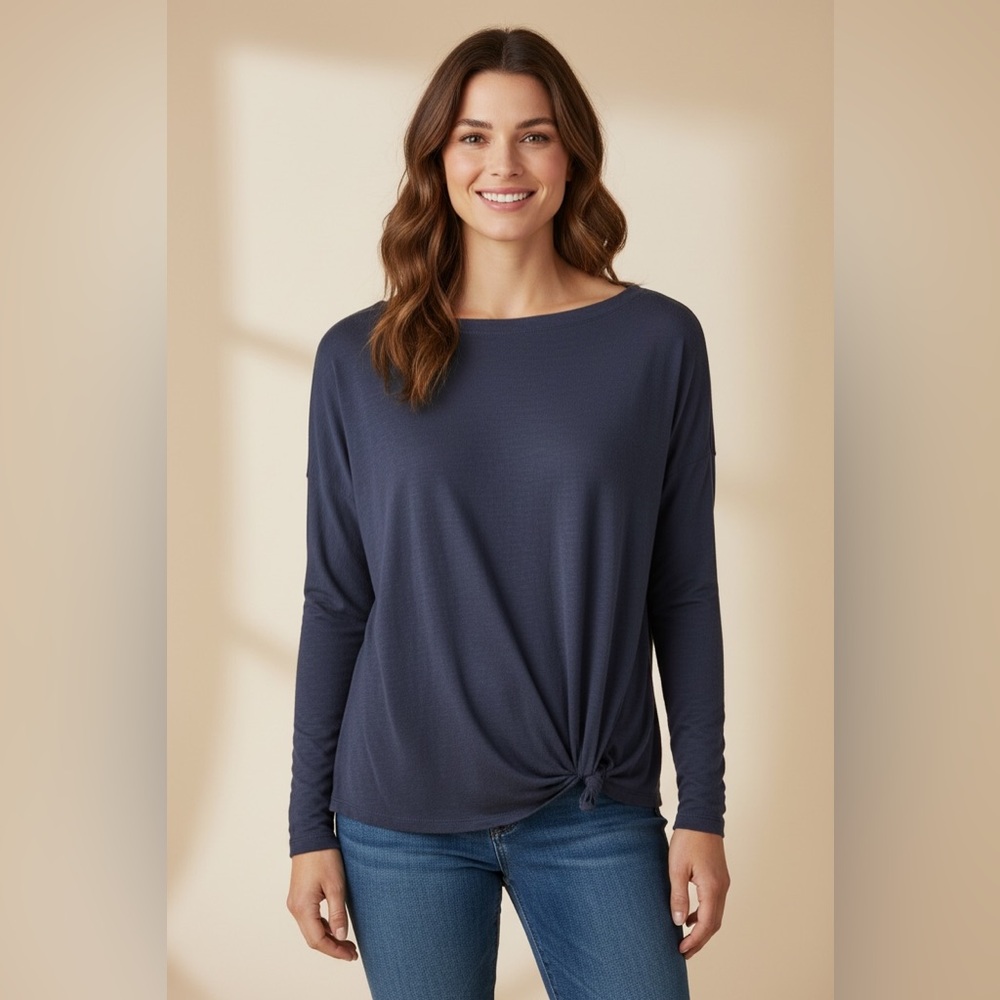 Lilla P Long Sleeve Boat Neck Tie Detail Tee Blue Size Small